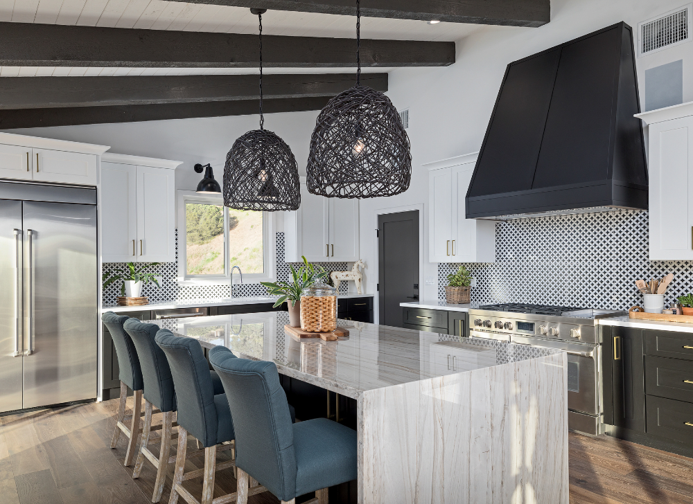 Kitchen Renovation and Remodeling, Exposed Beams, Black Hood fan and elements, Quartz Waterfall Countertop