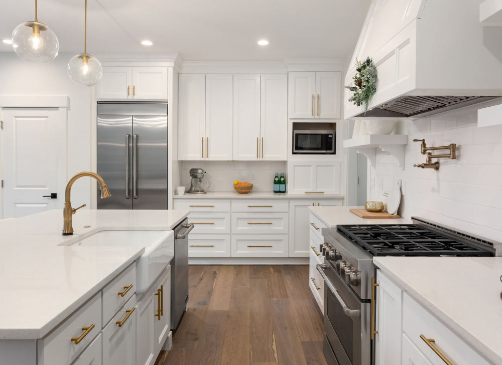 Kitchen Renovation and Remodeling, White Cabinetry, Gold Elements, Extended Uppers