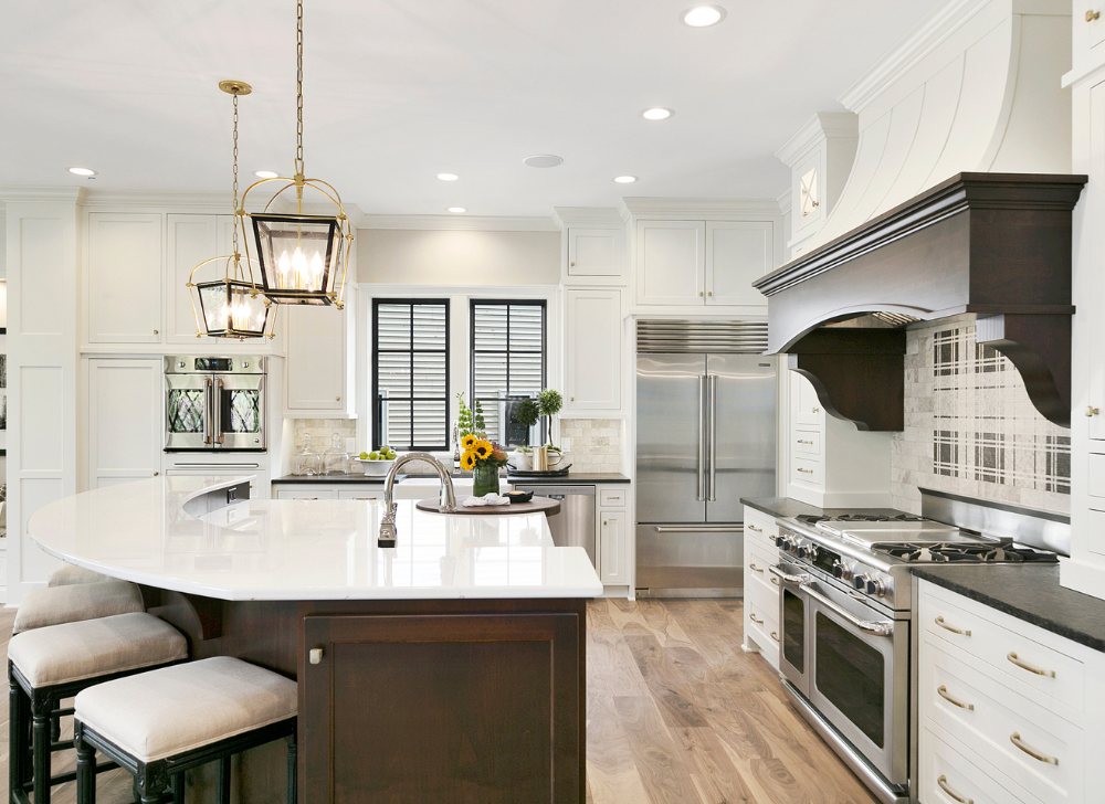Kitchen Renovation and Remodeling, Two-Tone Kitchen, White and Brown, Hardwood Flooring