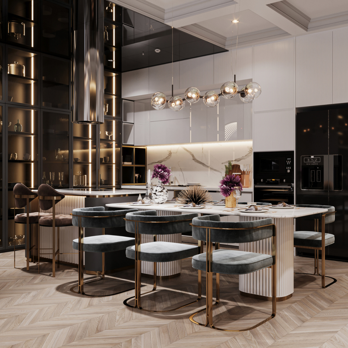 Luxurious custom kitchen with high-end finishes, featuring a spacious island, quartz countertops, and elegant lighting