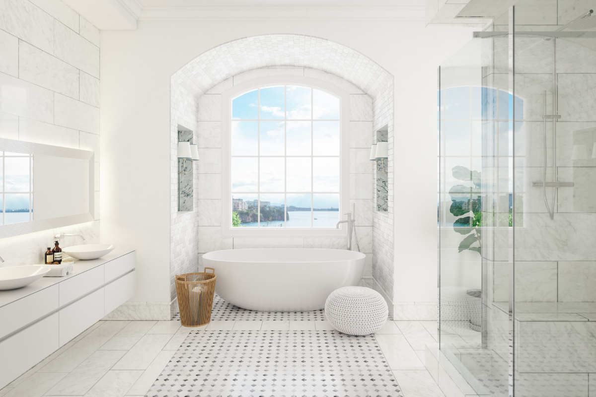 Spa-like bathroom design in Toronto with freestanding soaking tub, rainfall shower, and natural materials