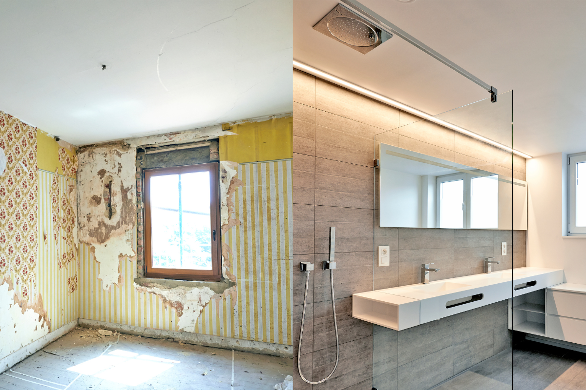 Before-and-after bathroom renovation showcasing modern design, representing Ridgestone Homes' expertise in Toronto renovations