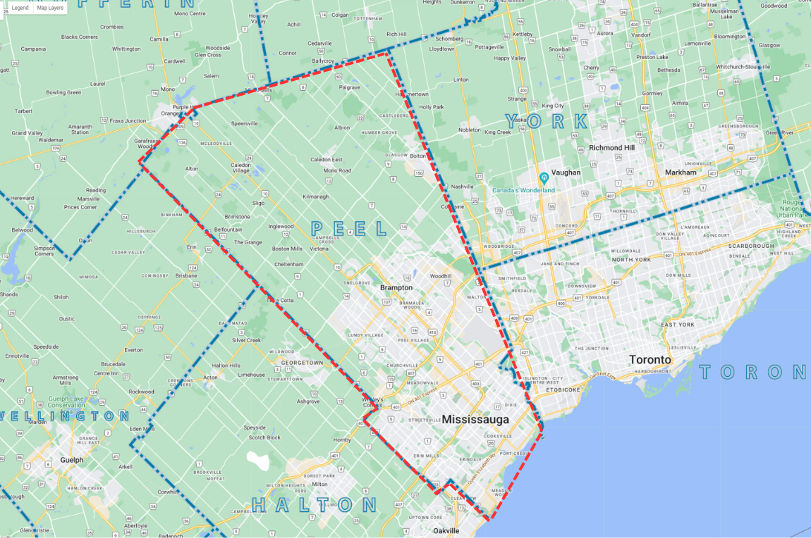Peel Region Service Area Map for Ridgestone Homes