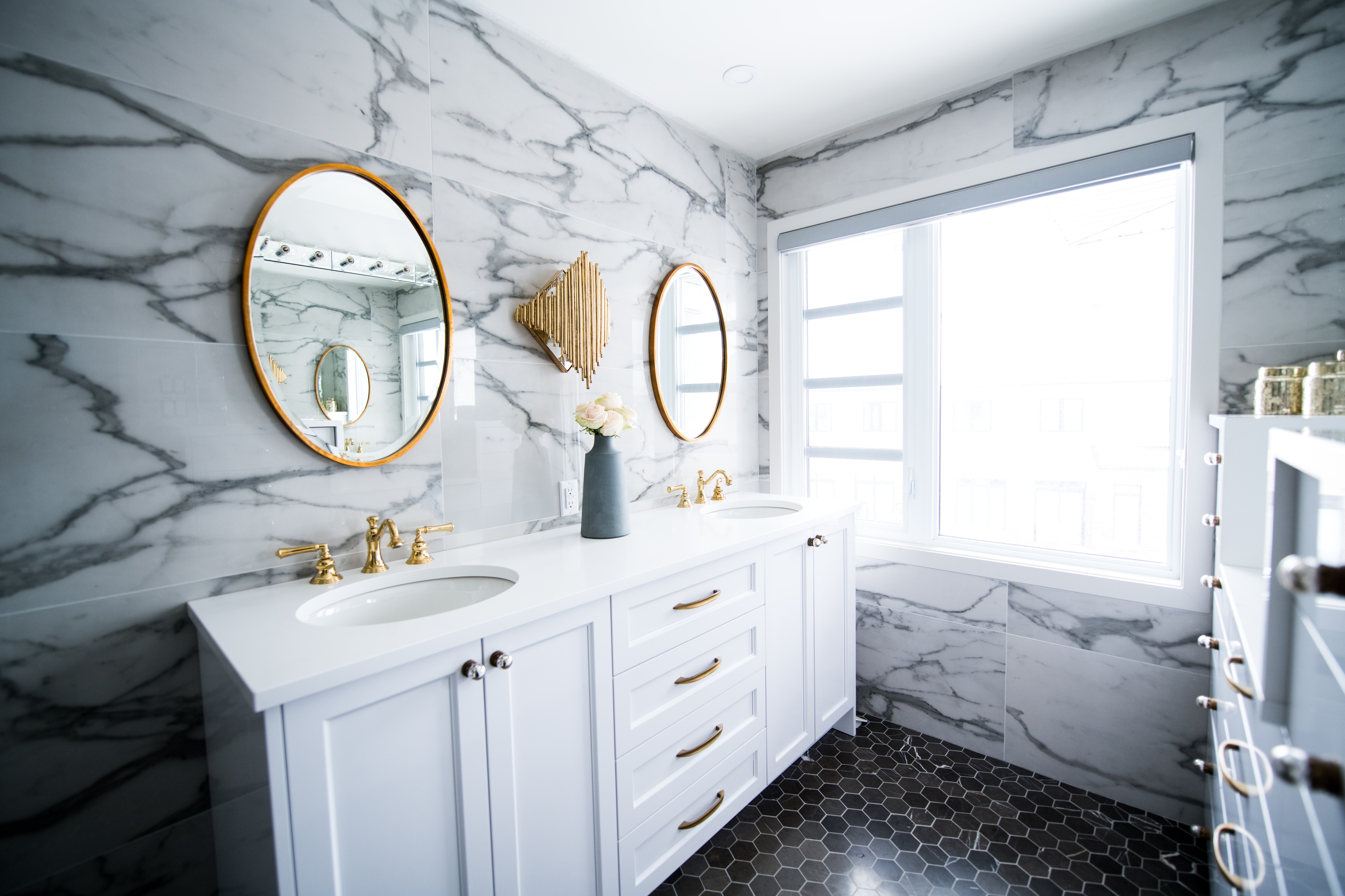 Bathroom Remodel, Tile Wall, hexagon pattern tile floor, Dual Sink Vanity, 70"