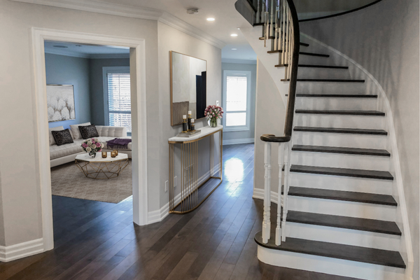 Entryway showing staircase, open concept wall and hallway — Interior Renovation Mississauga